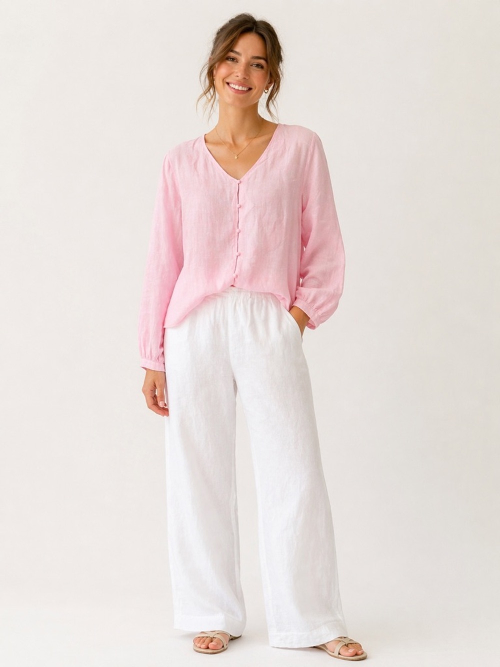Laura Ashley Bubblegum Pink Linen Button Front Top
